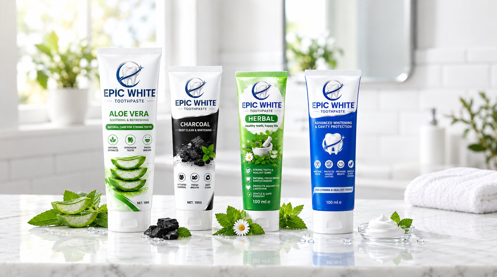 Epic White Complete Oral Care Range lineup of 6 products