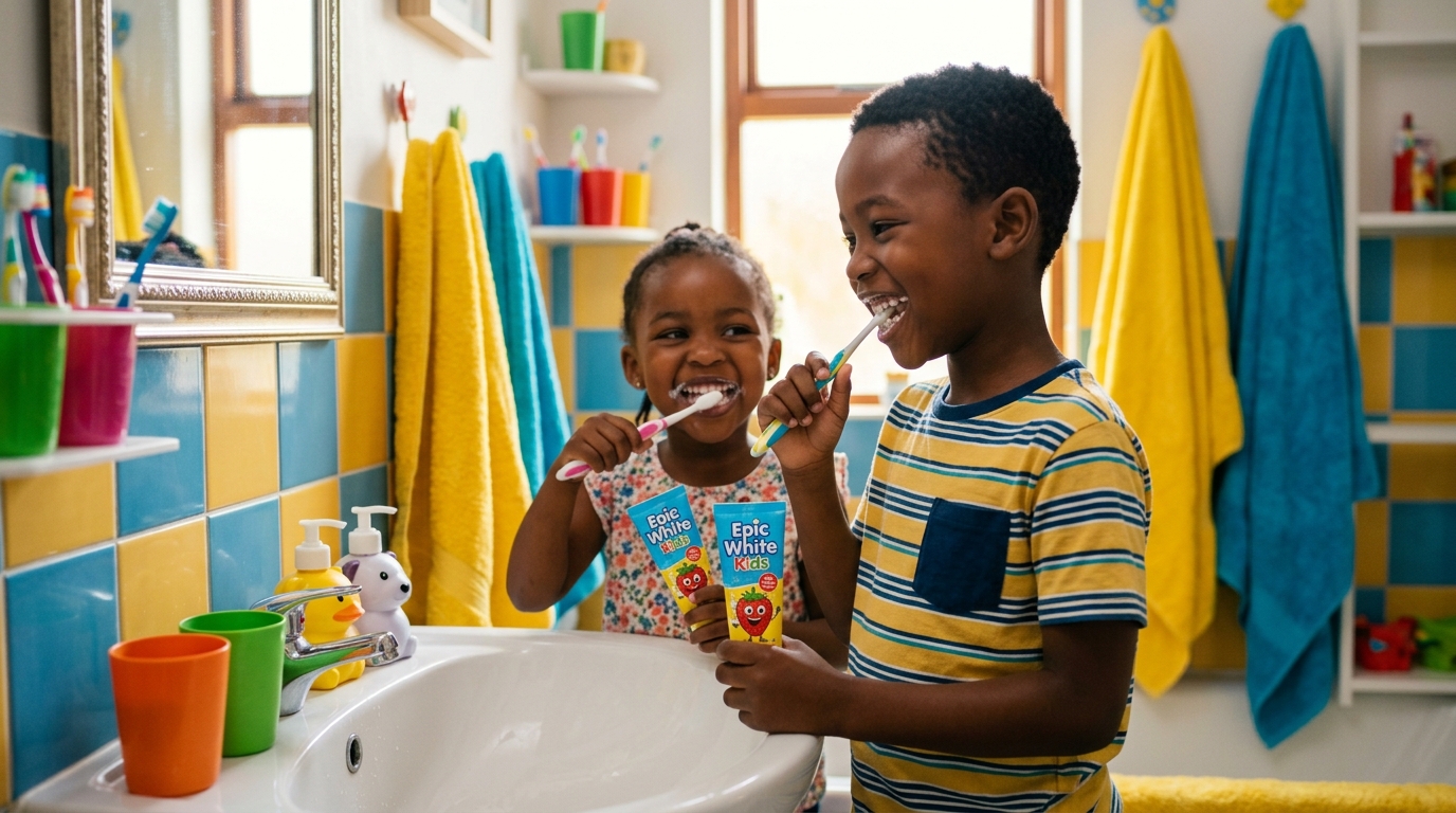 Happy kids brushing teeth joyfully with Epic White Kids toothpaste